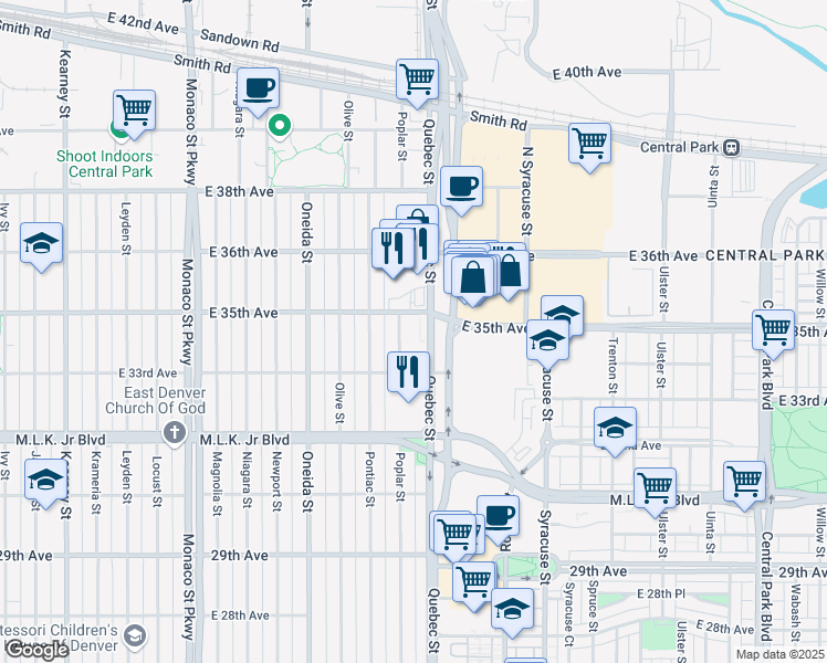 map of restaurants, bars, coffee shops, grocery stores, and more near 3401 Quebec Street in Denver