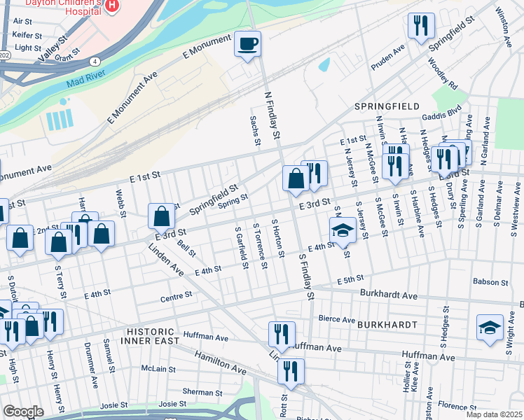 map of restaurants, bars, coffee shops, grocery stores, and more near 2419 East 3rd Street in Dayton