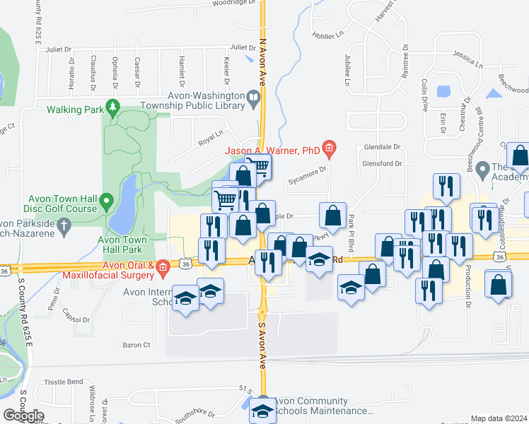 map of restaurants, bars, coffee shops, grocery stores, and more near 176 North Avon Avenue in Avon