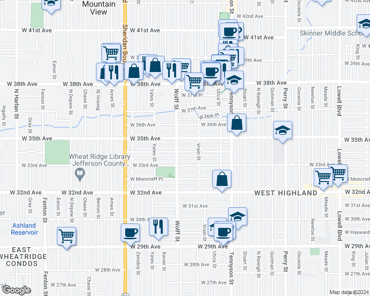 map of restaurants, bars, coffee shops, grocery stores, and more near 4709 West 34th Avenue in Denver