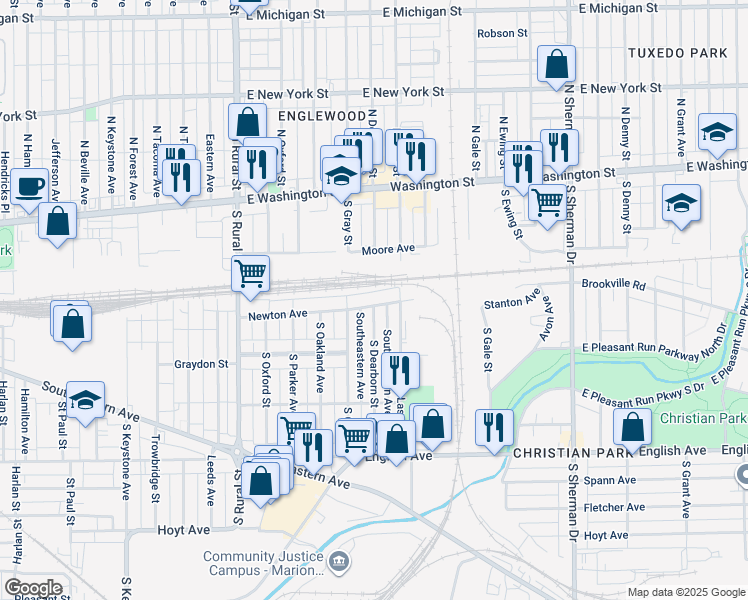map of restaurants, bars, coffee shops, grocery stores, and more near 3130 Newton Avenue in Indianapolis