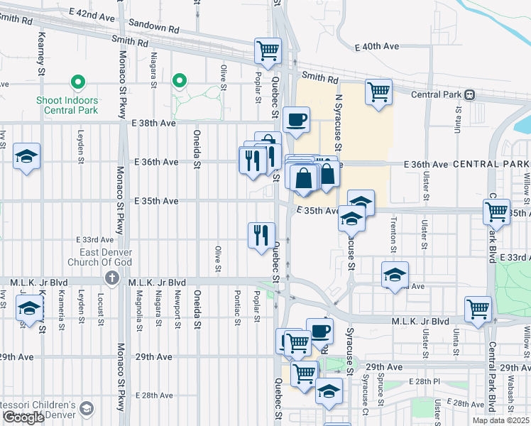 map of restaurants, bars, coffee shops, grocery stores, and more near 3401 Quebec Street in Denver