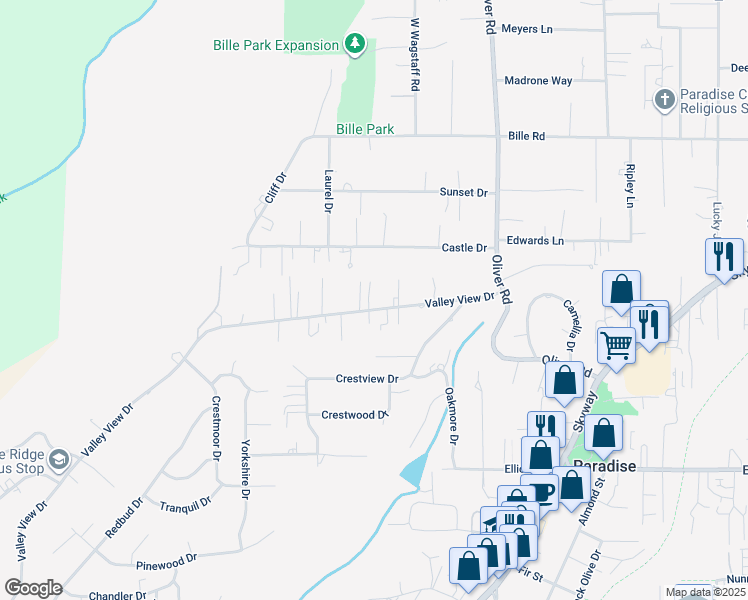 map of restaurants, bars, coffee shops, grocery stores, and more near 527 Valley View Drive in Paradise