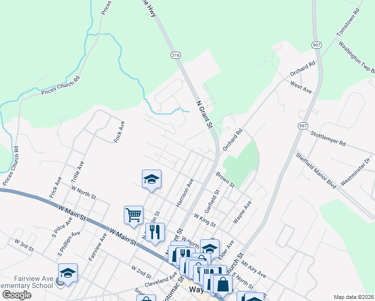 map of restaurants, bars, coffee shops, grocery stores, and more near 320 North Franklin Street in Waynesboro