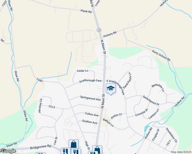map of restaurants, bars, coffee shops, grocery stores, and more near 3 Cedar Lane in Stewartstown
