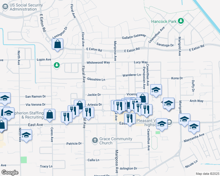 map of restaurants, bars, coffee shops, grocery stores, and more near 20 Tierra Rosa Lane in Chico