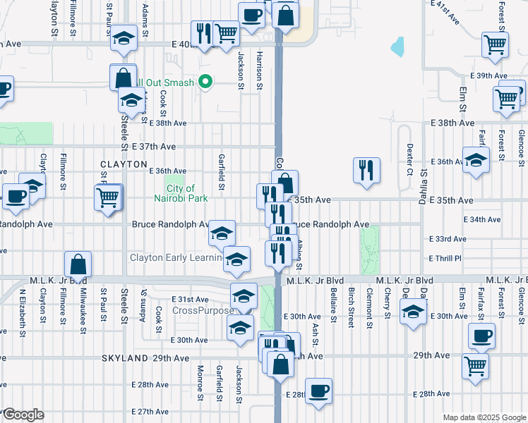 map of restaurants, bars, coffee shops, grocery stores, and more near 3430 Harrison Street in Denver
