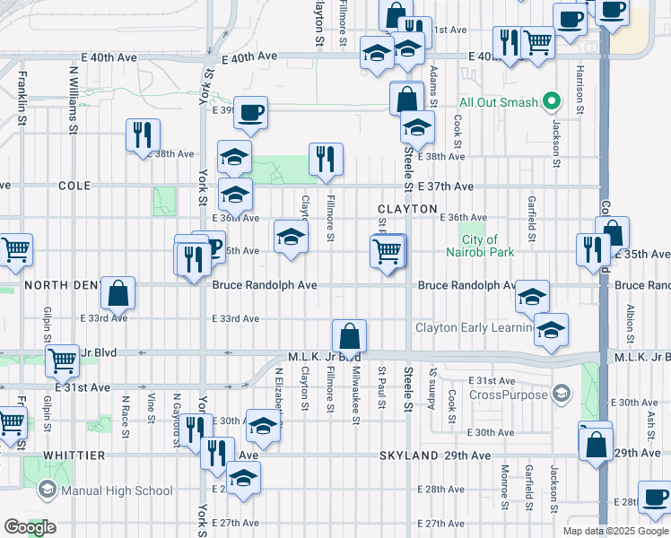 map of restaurants, bars, coffee shops, grocery stores, and more near 3428 Fillmore Street in Denver