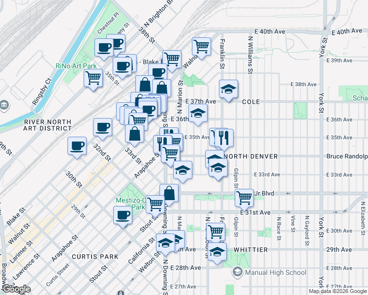 map of restaurants, bars, coffee shops, grocery stores, and more near 3424 North Marion Street in Denver