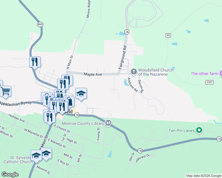map of restaurants, bars, coffee shops, grocery stores, and more near 211 Green Street in Woodsfield