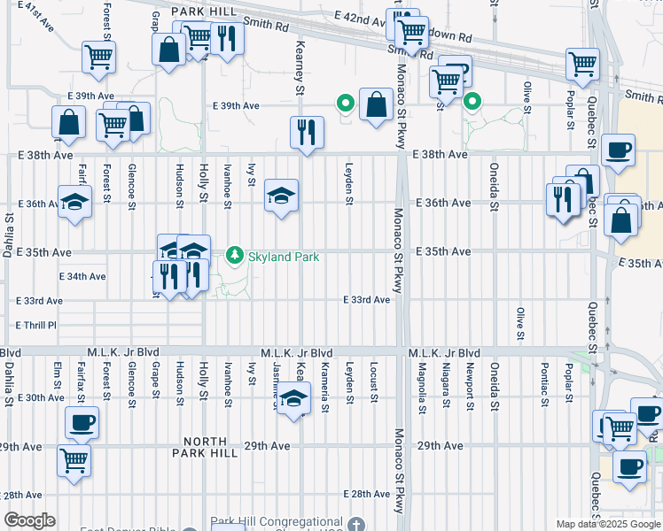 map of restaurants, bars, coffee shops, grocery stores, and more near 3370 Krameria Street in Denver