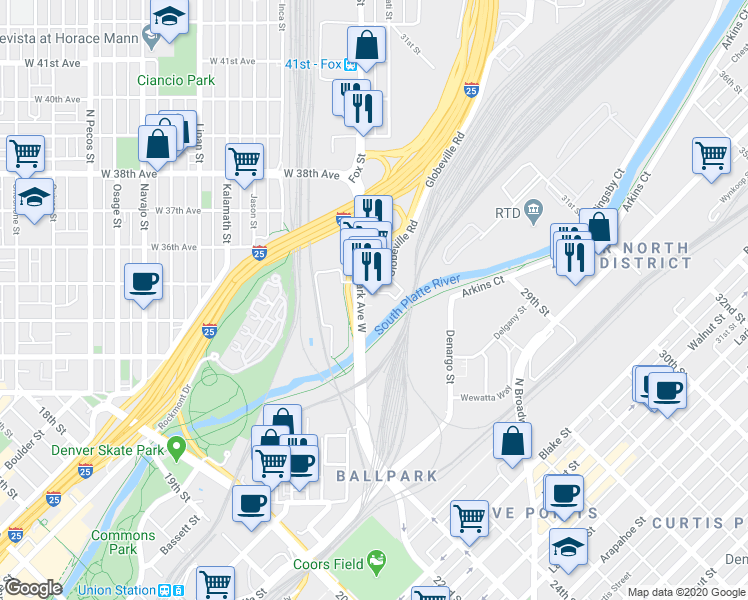 map of restaurants, bars, coffee shops, grocery stores, and more near 3460 Park Avenue West in Denver