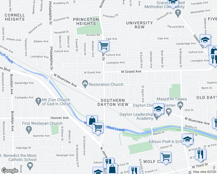 map of restaurants, bars, coffee shops, grocery stores, and more near 1508 Superior Avenue in Dayton