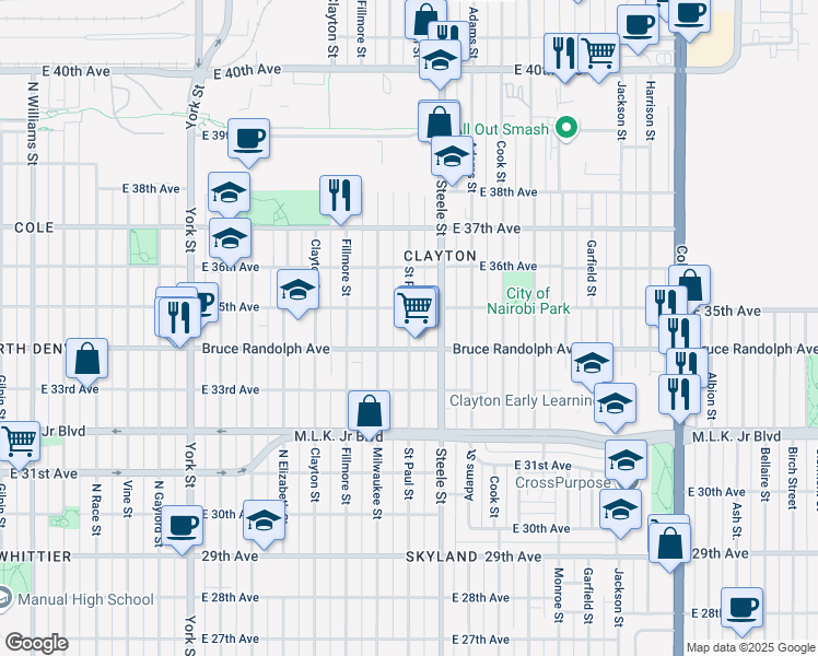 map of restaurants, bars, coffee shops, grocery stores, and more near 3427 Steele Street in Denver