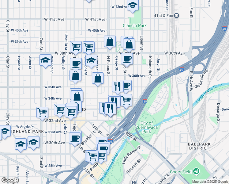 map of restaurants, bars, coffee shops, grocery stores, and more near 3426 North Pecos Street in Denver