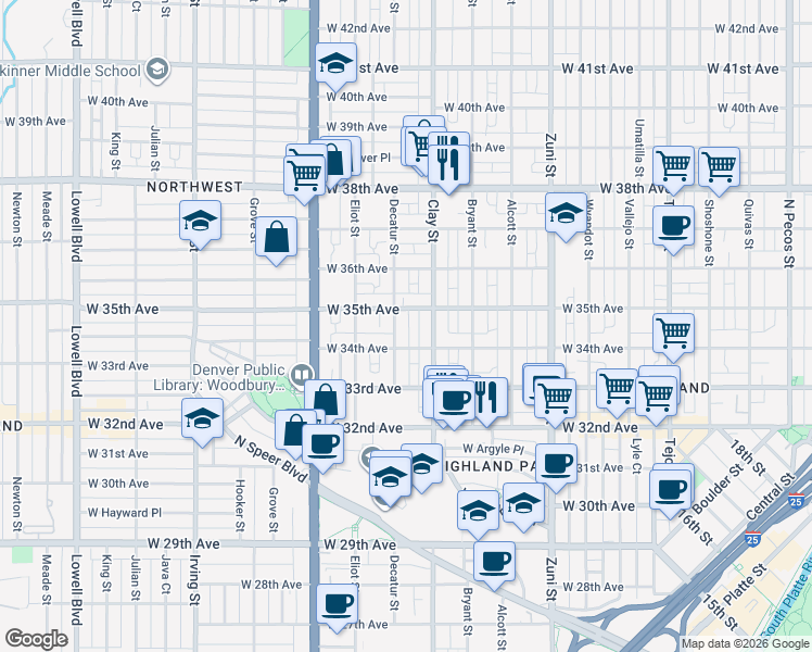 map of restaurants, bars, coffee shops, grocery stores, and more near in Denver