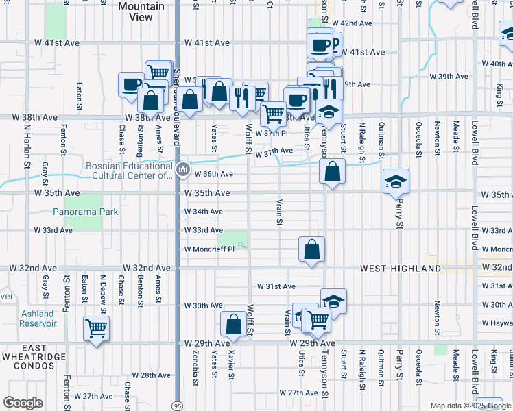 map of restaurants, bars, coffee shops, grocery stores, and more near 4709 West 34th Avenue in Denver
