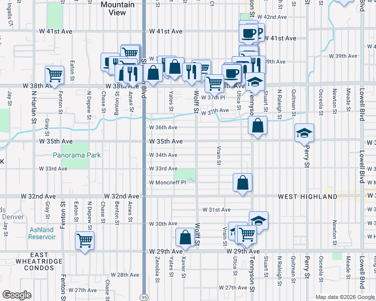 map of restaurants, bars, coffee shops, grocery stores, and more near 4823 West 34th Avenue in Denver