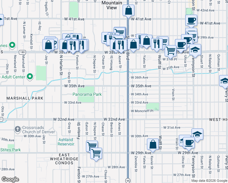 map of restaurants, bars, coffee shops, grocery stores, and more near 3450 Benton Street in Wheat Ridge