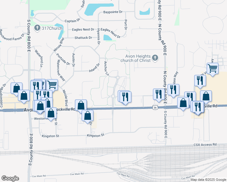 map of restaurants, bars, coffee shops, grocery stores, and more near 153 Satori Parkway in Avon