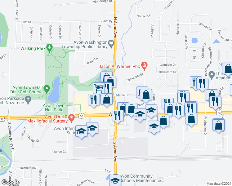 map of restaurants, bars, coffee shops, grocery stores, and more near 176 North Avon Avenue in Avon