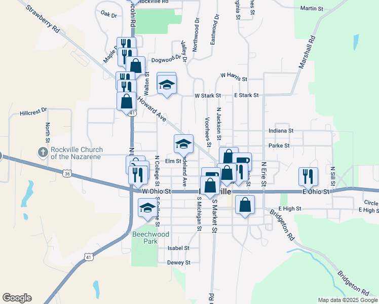 map of restaurants, bars, coffee shops, grocery stores, and more near 306 North Michigan Street in Rockville