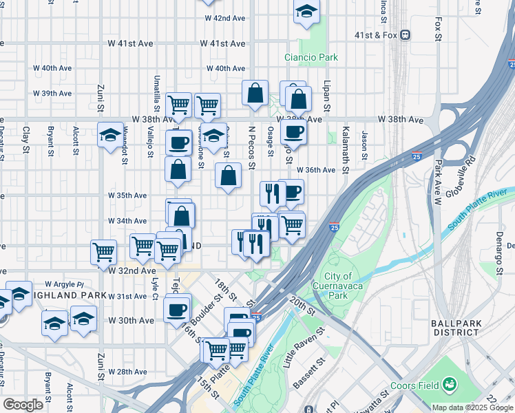 map of restaurants, bars, coffee shops, grocery stores, and more near 3434 Pecos Street in Denver