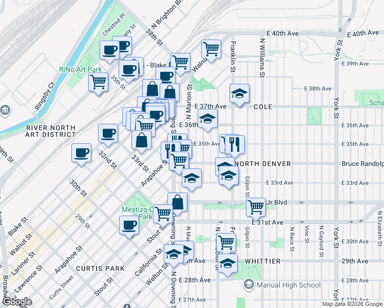 map of restaurants, bars, coffee shops, grocery stores, and more near 3424 North Marion Street in Denver