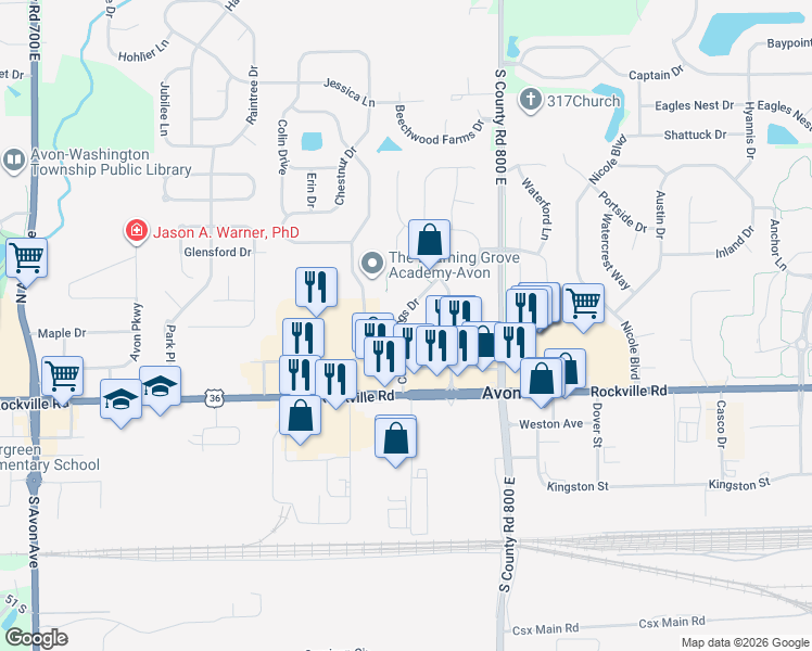 map of restaurants, bars, coffee shops, grocery stores, and more near 7790 Red Sunset Way in Avon