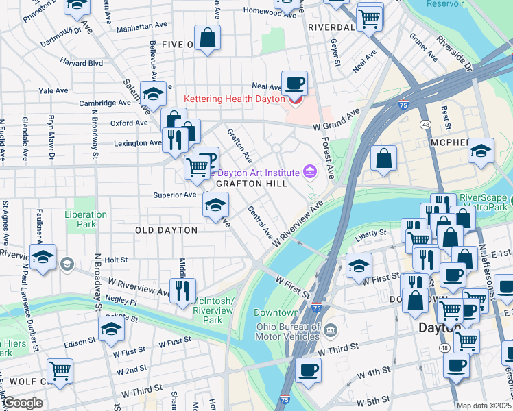 map of restaurants, bars, coffee shops, grocery stores, and more near 72 Central Avenue in Dayton