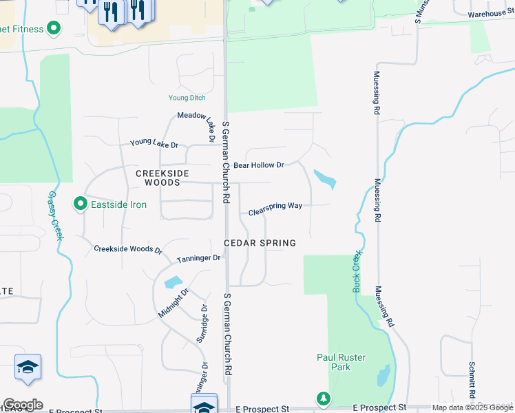 map of restaurants, bars, coffee shops, grocery stores, and more near 11034 Clearspring Way in Indianapolis