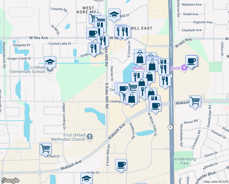 map of restaurants, bars, coffee shops, grocery stores, and more near 2384-2498 South Koke Mill Road in Springfield