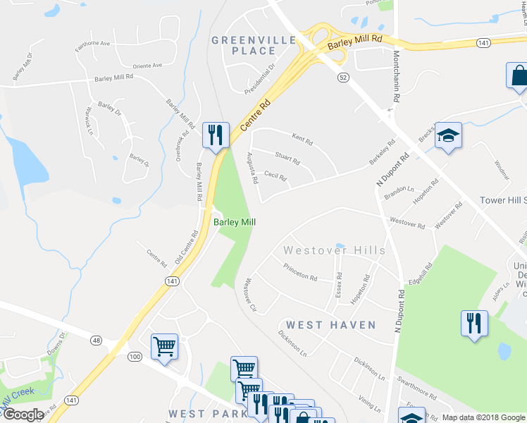 map of restaurants, bars, coffee shops, grocery stores, and more near 800 Berkeley Road in Wilmington