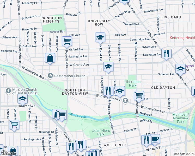 map of restaurants, bars, coffee shops, grocery stores, and more near 863 North Euclid Avenue in Dayton