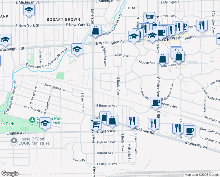 map of restaurants, bars, coffee shops, grocery stores, and more near 5167 Atherton South Drive in Indianapolis