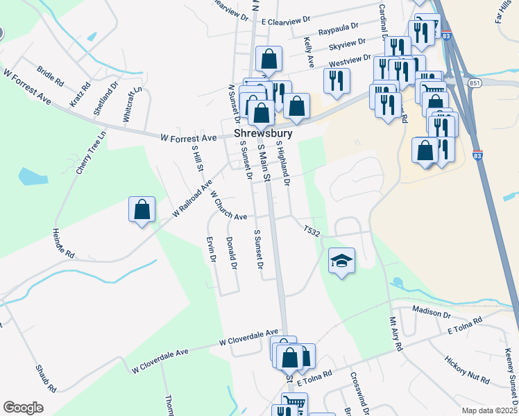 map of restaurants, bars, coffee shops, grocery stores, and more near 154 State Route 3001 in Shrewsbury