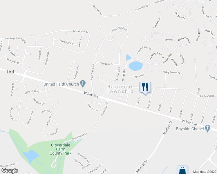 map of restaurants, bars, coffee shops, grocery stores, and more near 1 Dogwood Drive in Barnegat Township