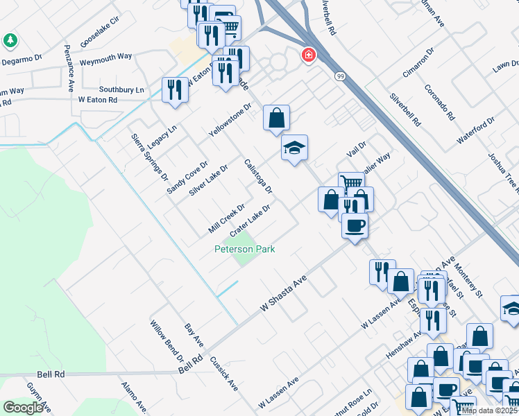 map of restaurants, bars, coffee shops, grocery stores, and more near 208 Crater Lake Drive in Chico