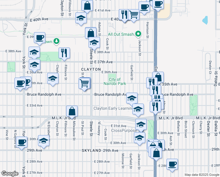 map of restaurants, bars, coffee shops, grocery stores, and more near 3440 Cook Street in Denver
