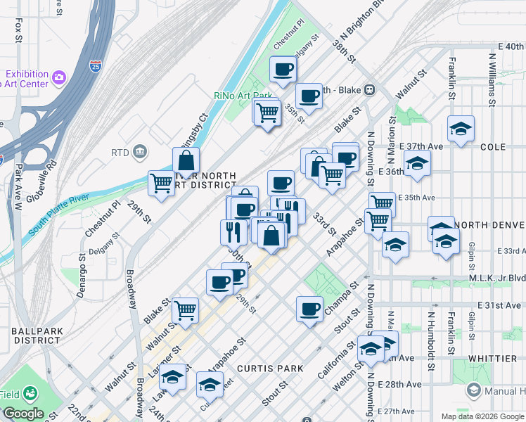 map of restaurants, bars, coffee shops, grocery stores, and more near in Denver