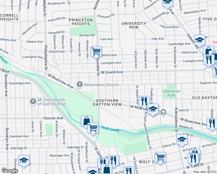 map of restaurants, bars, coffee shops, grocery stores, and more near 1416 Superior Avenue in Dayton