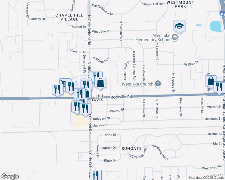 map of restaurants, bars, coffee shops, grocery stores, and more near 55 Buisdale Drive in Indianapolis