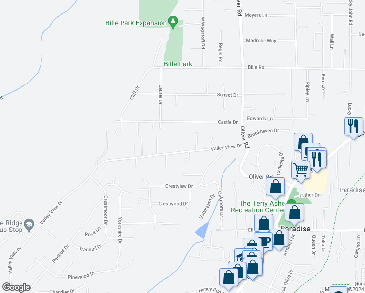 map of restaurants, bars, coffee shops, grocery stores, and more near 527 Valley View Drive in Paradise