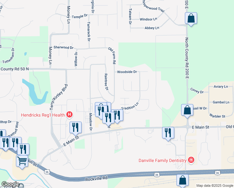 map of restaurants, bars, coffee shops, grocery stores, and more near 263 Old Farm Road in Danville