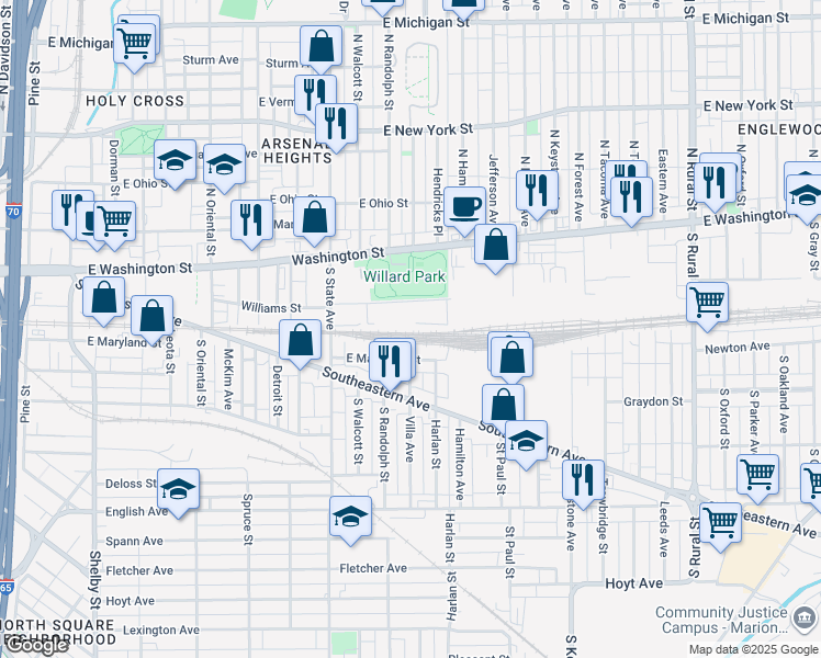 map of restaurants, bars, coffee shops, grocery stores, and more near 700 East Washington Street in Indianapolis