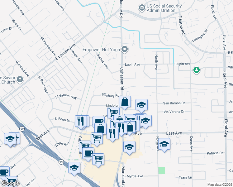 map of restaurants, bars, coffee shops, grocery stores, and more near 2781 Pillsbury Road in Chico