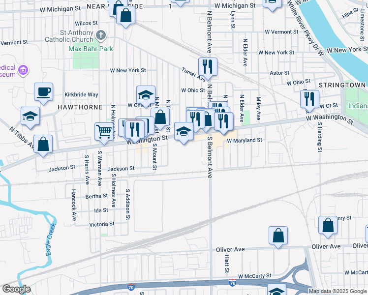 map of restaurants, bars, coffee shops, grocery stores, and more near 2215 West Washington Street in Indianapolis