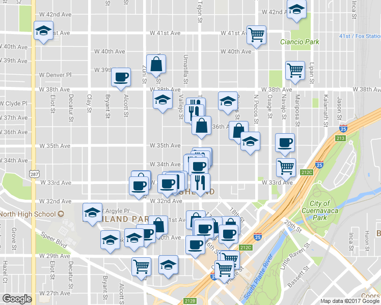 map of restaurants, bars, coffee shops, grocery stores, and more near 2000 W 35th Ave in Denver