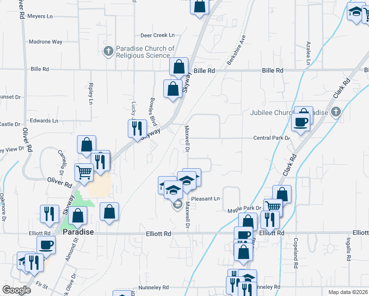 map of restaurants, bars, coffee shops, grocery stores, and more near 6035 Maxwell Drive in Paradise