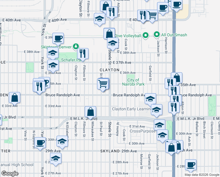 map of restaurants, bars, coffee shops, grocery stores, and more near 3427 Steele Street in Denver